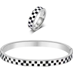 Checkered Stainless Steel Jewelry Set Bracelets Rings Hypoallergenic Gift for Wo